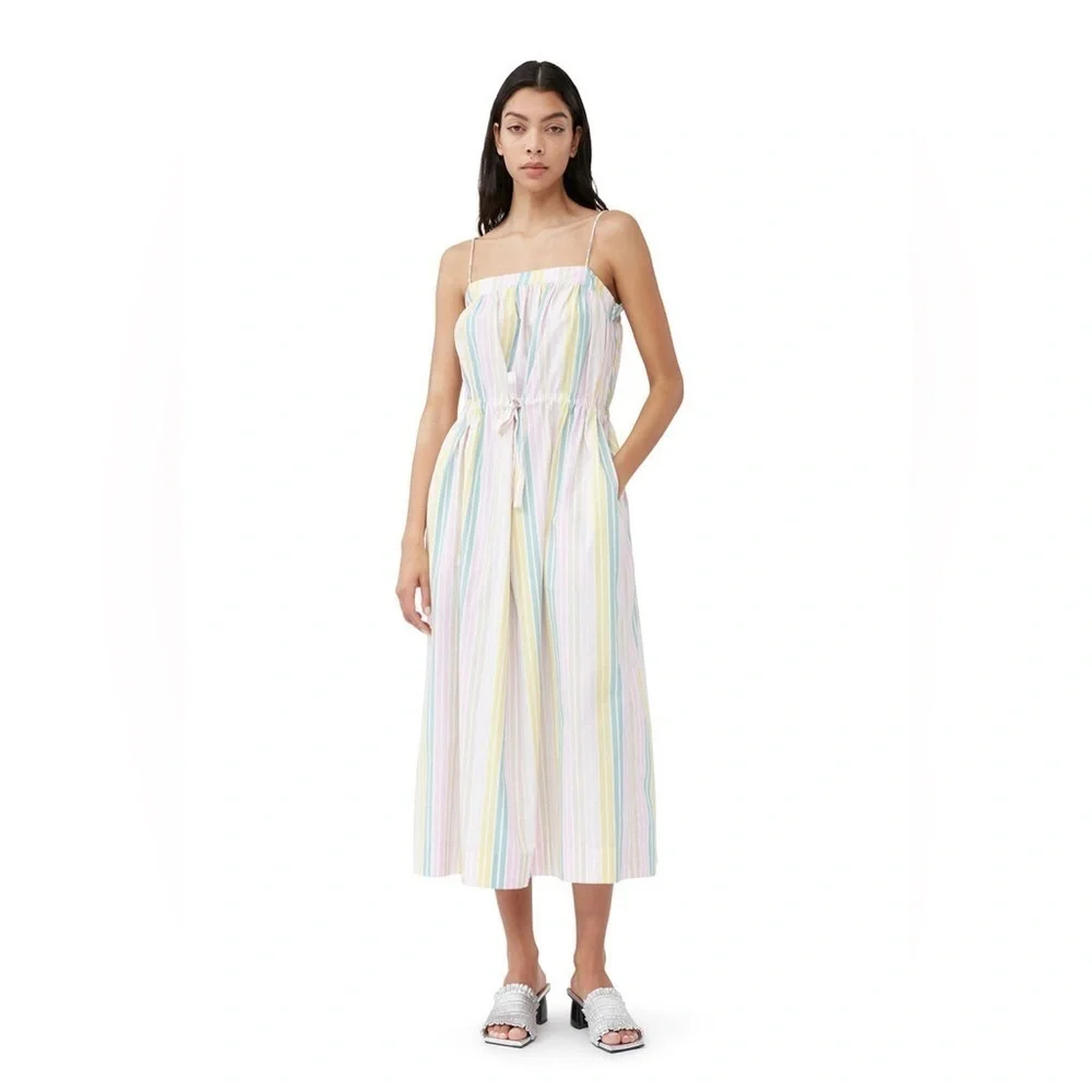 NWOT GANNI Stripe Cotton Maxi Strap Dress Multicolor Boho Casual Women’s Size 4